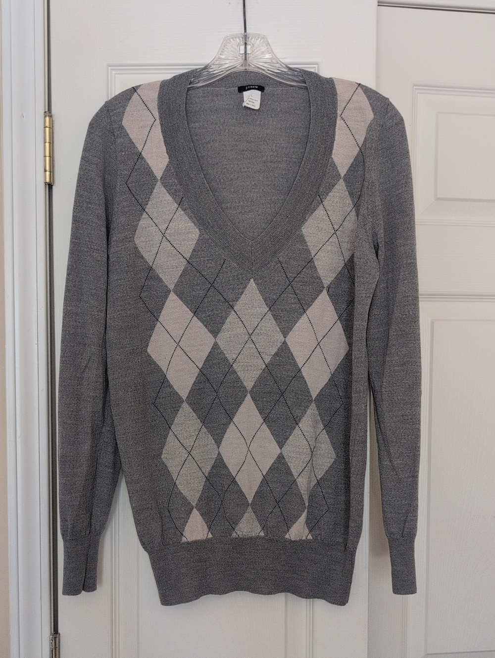 J. Crew Gray Argyle V-Neck Sweater